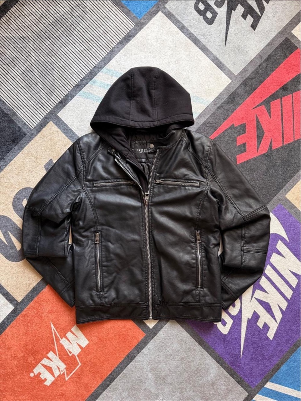 Guess Black Faux Leather Hooded Men's Jacket